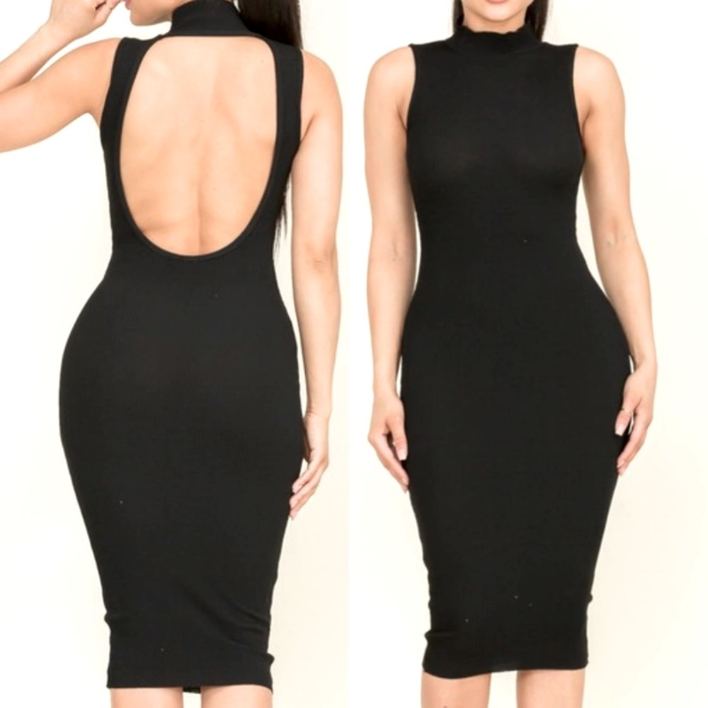 Sleeveless Mock Neck Midi Dress with Open Back